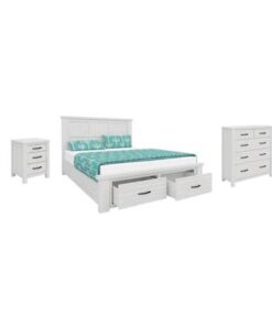 Flora Bed, Tallboy & Bedsides Kit featuring sturdy mountain ash construction, spacious storage drawers, and a brushed white wash finish with metal accents.