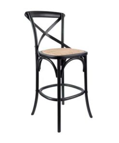 Cloak Bar Stool with timeless craftsmanship and rattan seat, enhancing a chic kitchen setting.