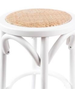 Cloak Kitchen Stool with steam-bent frame and padded rattan, displayed in a versatile dining area.