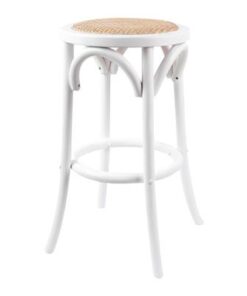Birch timber stool with rattan seat and curved design, set in a cozy kitchen.
