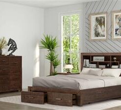 The Semona 4PC suite includes a queen or king bed, a bedside, a dresser with a mirror, and a bookshelf headboard with storage.