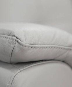 Modern 2 seater lounge with side pillow arms, channelled seat cushions, and premium leather upholstery, available in Silver or Gunmetal.