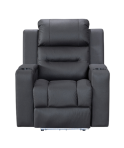 Black Excaliber Single Seater Lounge with dual motor recliner and LED cup holder, set in a modern living room.