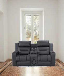 Excaliber 2-Seater Lounge in Rhino fabric with Bluetooth speakers and wireless charging, in a stylish lounge area.