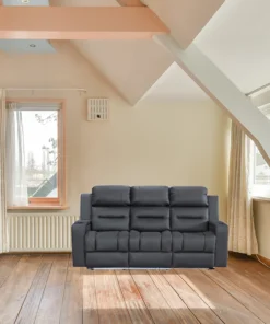 Excaliber 3-Seater Lounge in Rhino fabric with dropdown table and wireless charging, in a stylish lounge area.