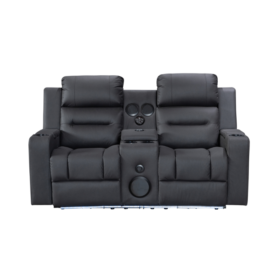 Black Excaliber 2-Seater Lounge with dual electric recliners and LED cup holder, set in a modern living room.