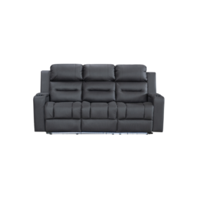 Black Excaliber 3-Seater Lounge with dual electric recliners and LED cup holder, set in a modern living room.