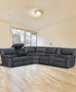 Excaliber Modular Lounge in Rhino Suede with dropdown tray and cup holders, in a stylish lounge area.