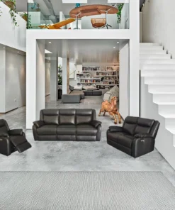 Marine Blue Peggy 3ERER+2+1 LTH Recliner with electric recliners and lumbar support, in a stylish lounge.