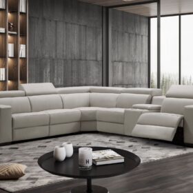 Spacious leather corner lounge with recliners, featuring premium air leather upholstery, electric recliners, and adjustable headrests for luxurious comfort and style.