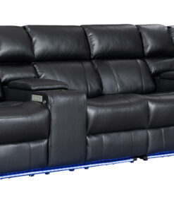 Luxurious home theatre lounge with 4 power recliners, black leather upholstery, and convenient USB ports and AC plugs.