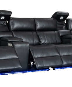 Black leather 2 recliners and 3 seater lounge set with power reclining seats, reading lights, and a functional storage arm.