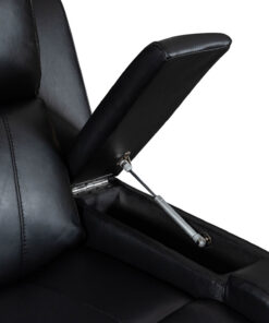 Elegant home theatre lounge with power recliners, black leather upholstery, and a console for a stylish entertainment space.