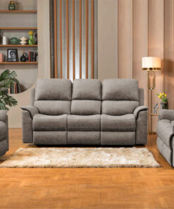 Brown Manhattan Rhino Fabric Lounge with manual recliners and drop-down tray, set in a modern living room.