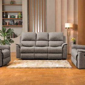 Brown Manhattan Rhino Fabric Lounge with manual recliners and drop-down tray, set in a modern living room.