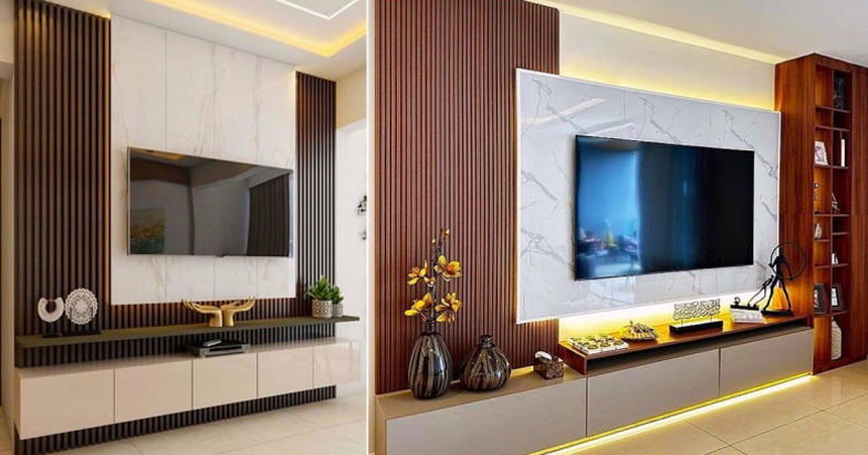 Modern living room with a sleek TV unit design featuring a wall-mounted television and storage cabinets.