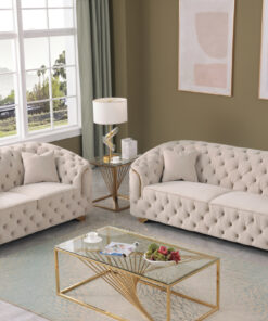 Luxurious beige lounge with S spring suspension and soft filling, set in a chic space.