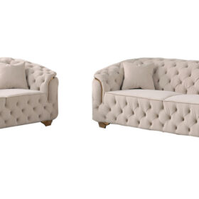 Crown Beige Velvet Lounge with plush upholstery and S spring suspension, set in a luxurious living room.