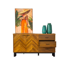 Harrington Buffet with walnut herringbone design and black steel legs, set in a modern dining room.