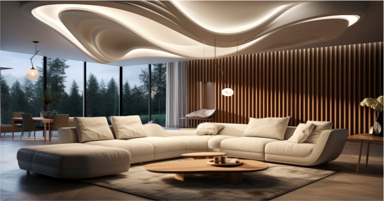 Stylish L-shaped lounge in a modern living room with soft lighting, wood panel accents, and scenic outdoor view