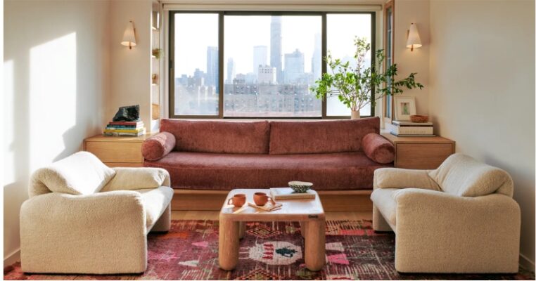 Stylish small living room with modern lounge set and warm lighting interior design inspiration