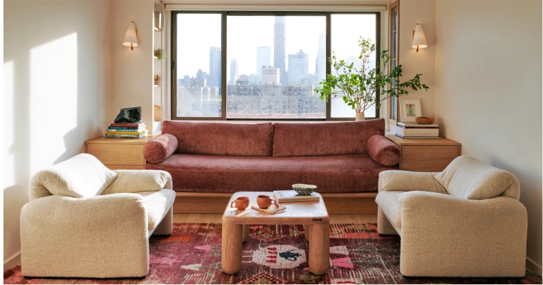 Stylish small living room with modern lounge set and warm lighting interior design inspiration